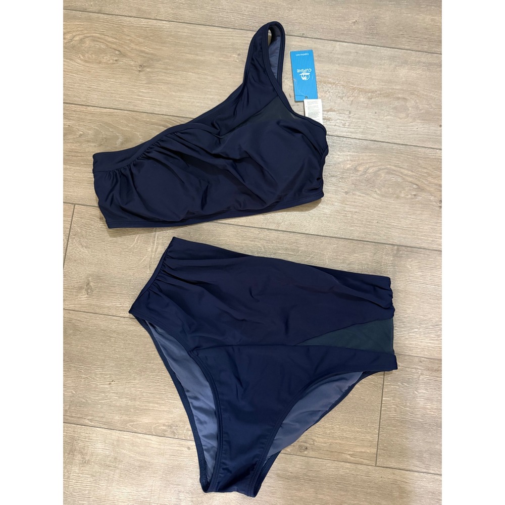 Cupshe Womens Navy One Shoulder Mesh High Waisted Bikini Set DAA12C4L018UU M